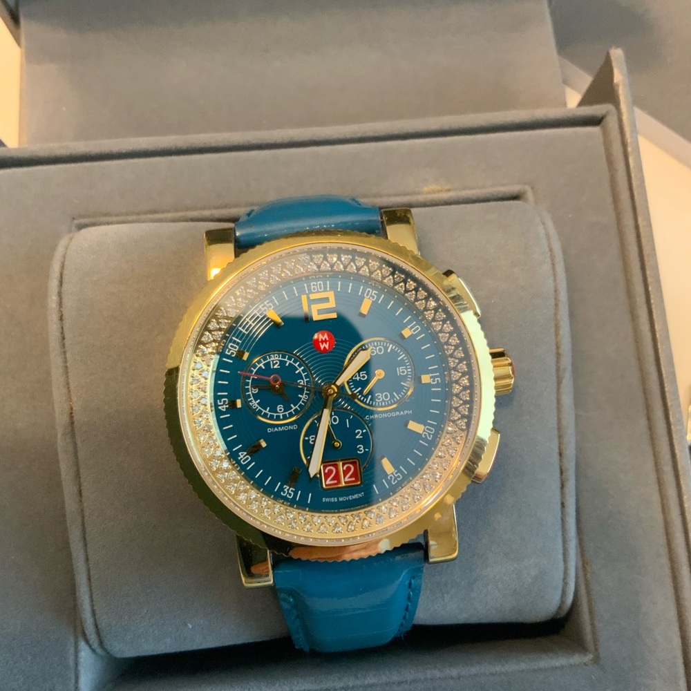 Michele Large 42mm Teal Blue Dial Gold-Tone Sport Sail Mens Unisex Watch Diamond